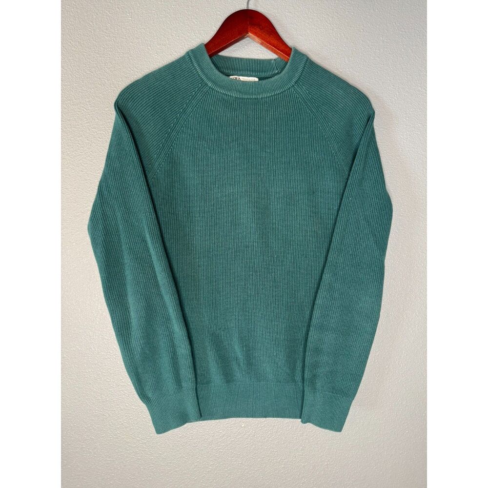 Zara 100 Cotton Ribbed Crewneck Sweater Green Raglan Sleeve Womens Small